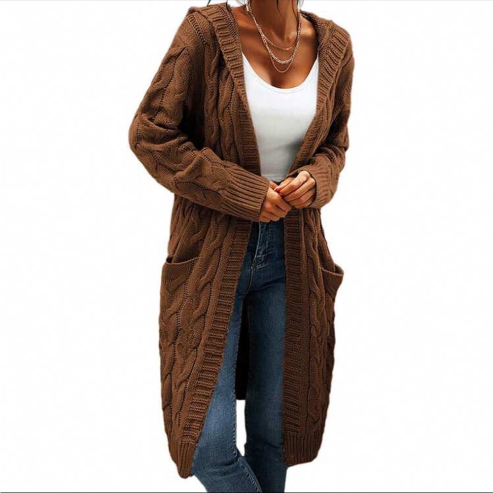 Luxe Cable Knit Long Sleeve Sweater Cardigan Open Front Pocket Hooded Hood - Picture 11 of 16